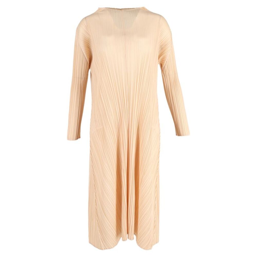 Issey Miyake Pleated Midi Long Sleeve Dress in Nude Polyester